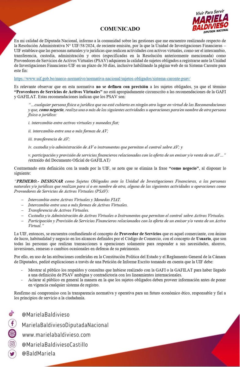 baldmariela's tweet photo. 🔎 Preocupación por falta de claridad en activos virtuales en Bolivia 🇧🇴
La Resolución UIF/58/2024 exige registro, pero no define claramente quiénes son Proveedores de Servicios de Activos Virtuales (PSAV).
#ActivosVirtuales #SeguridadJurídica #EconomíaDigital #MarielaBaldivieso