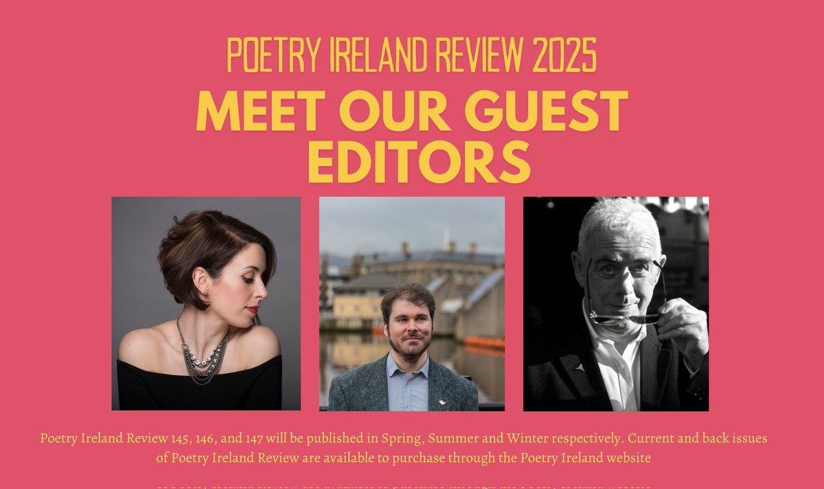 Poetry Ireland is delighted to announce 3 new guest editors of Poetry Ireland Review 2025: Victora Kennefick <a href="/VKennefick/">Dr Victoria Kennefick (She/Her)🍉</a>, Stephen Sexton <a href="/ssexton02/">Stephen Sexton</a>, and Theo Dorgan. Our Irish language editor is Aifric MacAodha <a href="/MacaodhaMac/">aifric mac aodha</a>

Funded by <a href="/artscouncil_ie/">The Arts Council / An Chomhairle Ealaíon</a> &amp; <a href="/ArtsCouncilNI/">Arts Council of Northern Ireland</a>