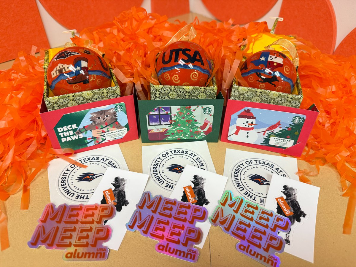 🚨 Attention Annual Alumni Association Members!

It's giveaway time! Annual Members (only) can win an exclusive holiday UTSA prize pack.

🤙 Like this post
🤙 Reply with your grad year
🤙 Tag a fellow member for extra entries

3 winners will be drawn on 12/19.