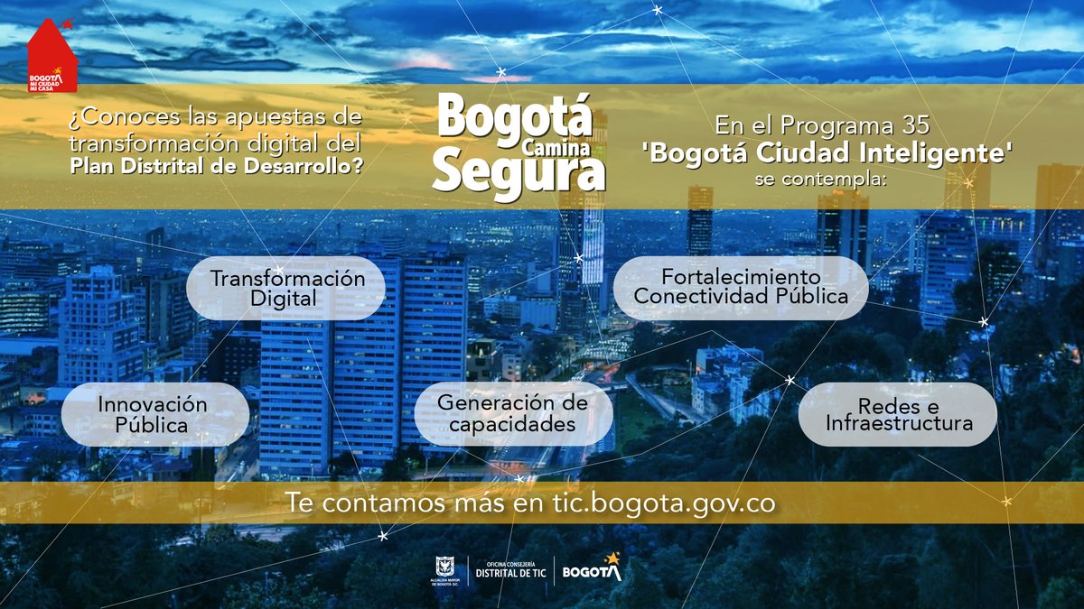ConsejeriaTIC's tweet image. #LasTICTeConectan
El programa 35 del #PlanDistritaldeDesarrollo contempla la consolidación de una #CiudadInteligente con mayor capacidad de redes, infraestructura, conectividad, talento digital y mejores servicios para sus habitantes.🤩

Conoce más: tic.bogota.gov.co/node/512