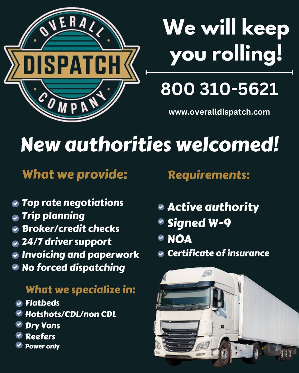 OverallDispatch's tweet image. Overall Dispatch - Your Trusted Logistics Partner

Good Evening! We are a professional dispatch company headquartered at 271 W. Short St, Lexington, KY 40507.