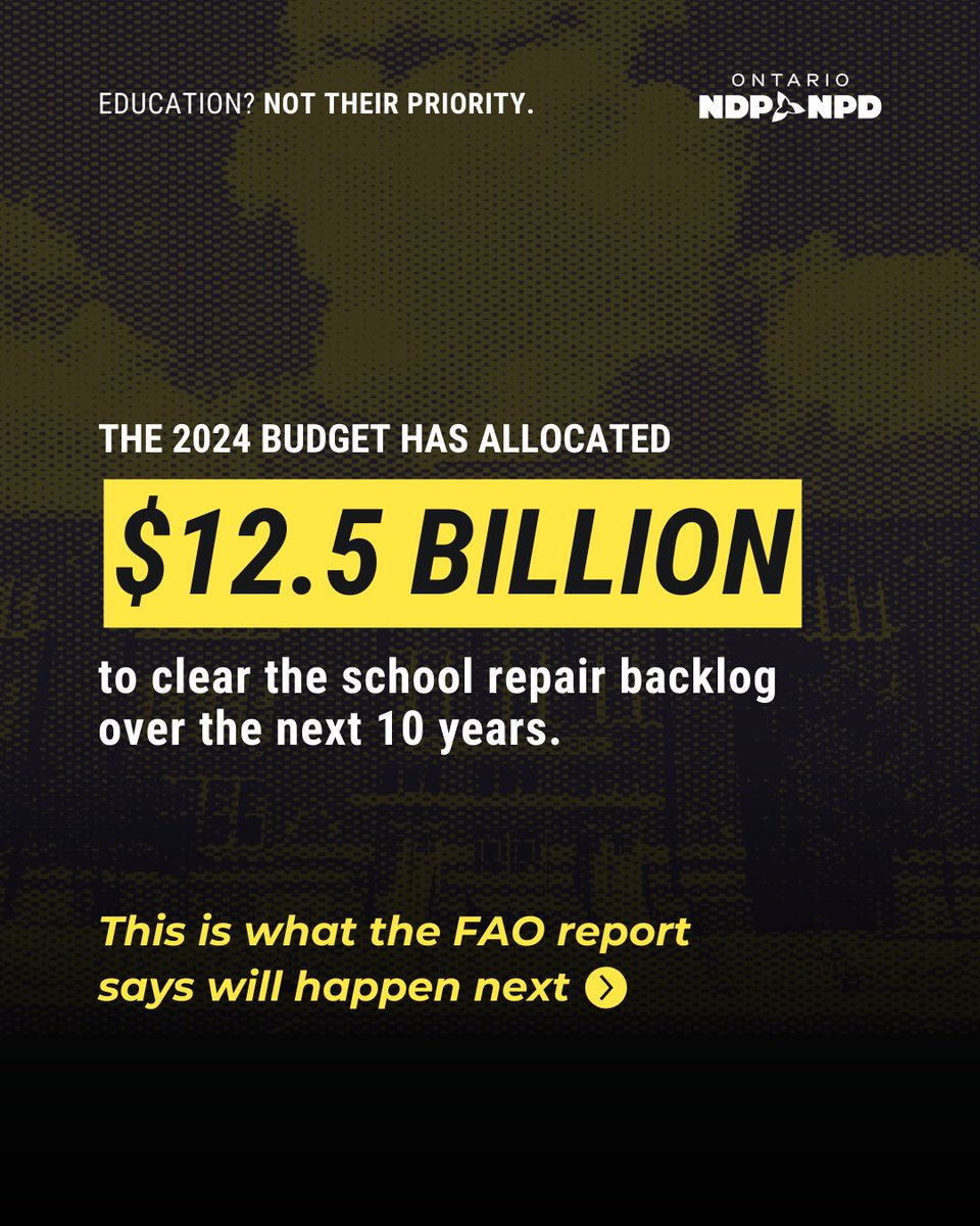 OntarioNDP's tweet photo. Today’s FAO report makes it clear, if Ford’s Conservatives don’t stop the cuts, our school repair backlog will balloon to $22 billion, putting 75 per cent of Ontario’s schools below the state of good repair.

That is the Cost of Doug. https://t.co/LrkQkY4efM