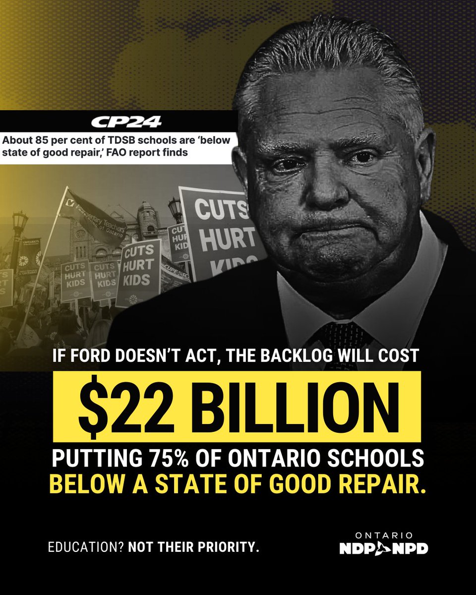 OntarioNDP's tweet photo. Today’s FAO report makes it clear, if Ford’s Conservatives don’t stop the cuts, our school repair backlog will balloon to $22 billion, putting 75 per cent of Ontario’s schools below the state of good repair.

That is the Cost of Doug. https://t.co/LrkQkY4efM