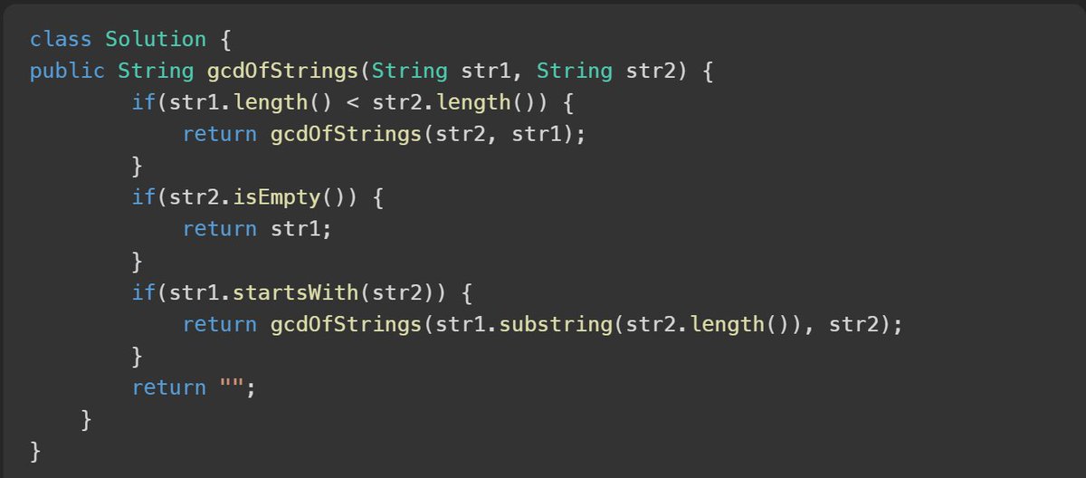 dashoflight's tweet image. Just stumbled upon an interesting #LeetCode problem: finding the GCD of strings! 🧵

I saw a recursive solution that mirrors the Euclidean algorithm :