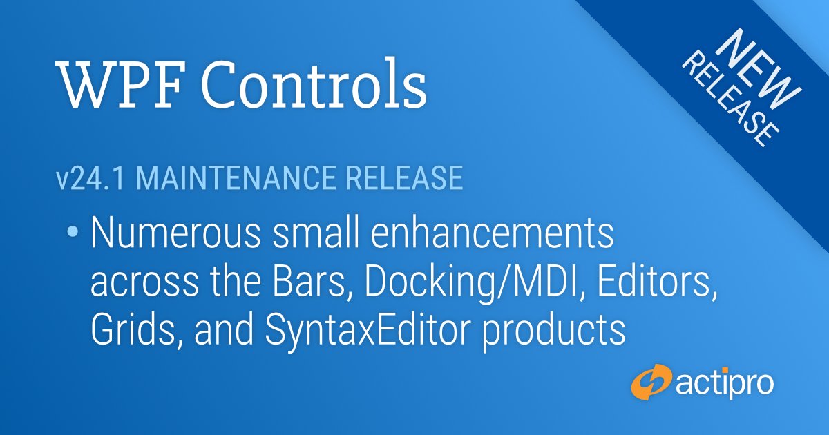 A new #WPF Controls v24.1 maintenance release is now available with updates throughout many control sets.
actiprosoftware.com/blog/post/2651…