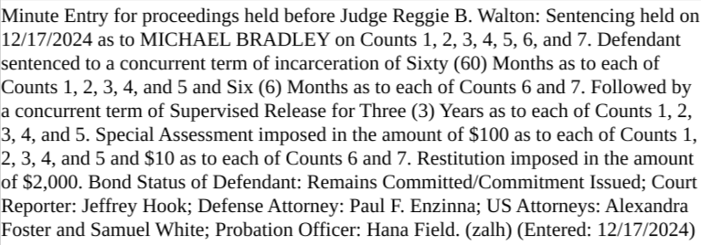 sfoguj's tweet photo. SENTENCING: Judge Walton sentenced Michael Bradley (#CommanderCamo to 60 months incarceration/36 mos SR.  Govt ask was 100/36. https://t.co/eWWPgHrt0n