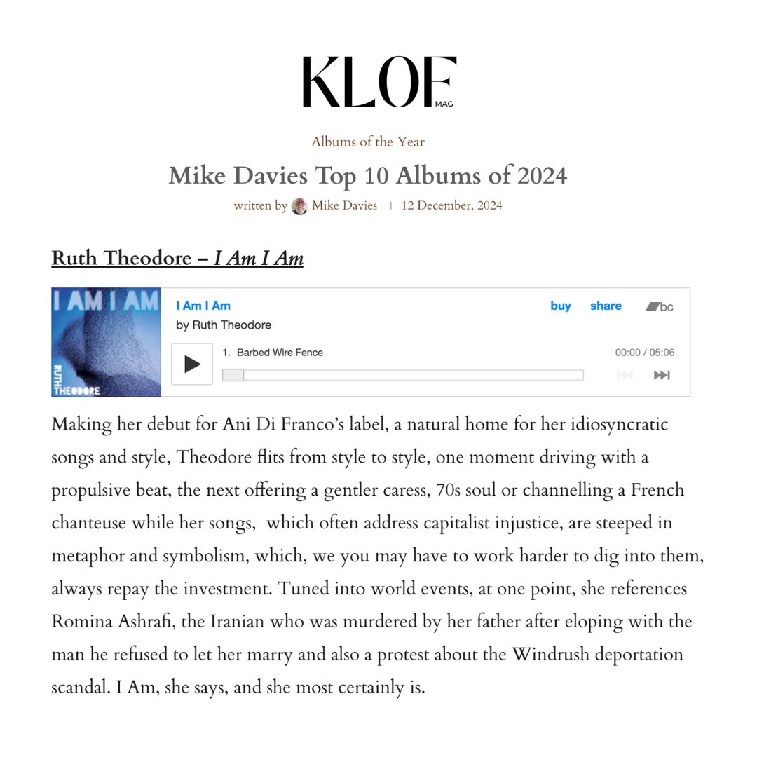 Congrats to our very own <a href="/rutheodoremusic/">Ruth Theodore</a> for making one of <a href="/klofmag/">KLOF Mag</a>’s Top 10 Albums of 2024! 

We’re so excited to see what the new year holds for “I Am I Am” 💙🕊️

righteousbabe.ffm.to/ruththeodore-i…