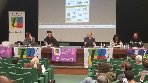 93Fsu's tweet photo. 🔴Unification syndicale
Pour améliorer notre quotidien et transformer la société.
L’urgence sociale et politique nous oblige.
Discussion lors de notre congrès départemental avec nos camarades Anouk et Kamel de @Solidaires93 et @93Cgt @FsuNationale https://t.co/dPun5jq90y