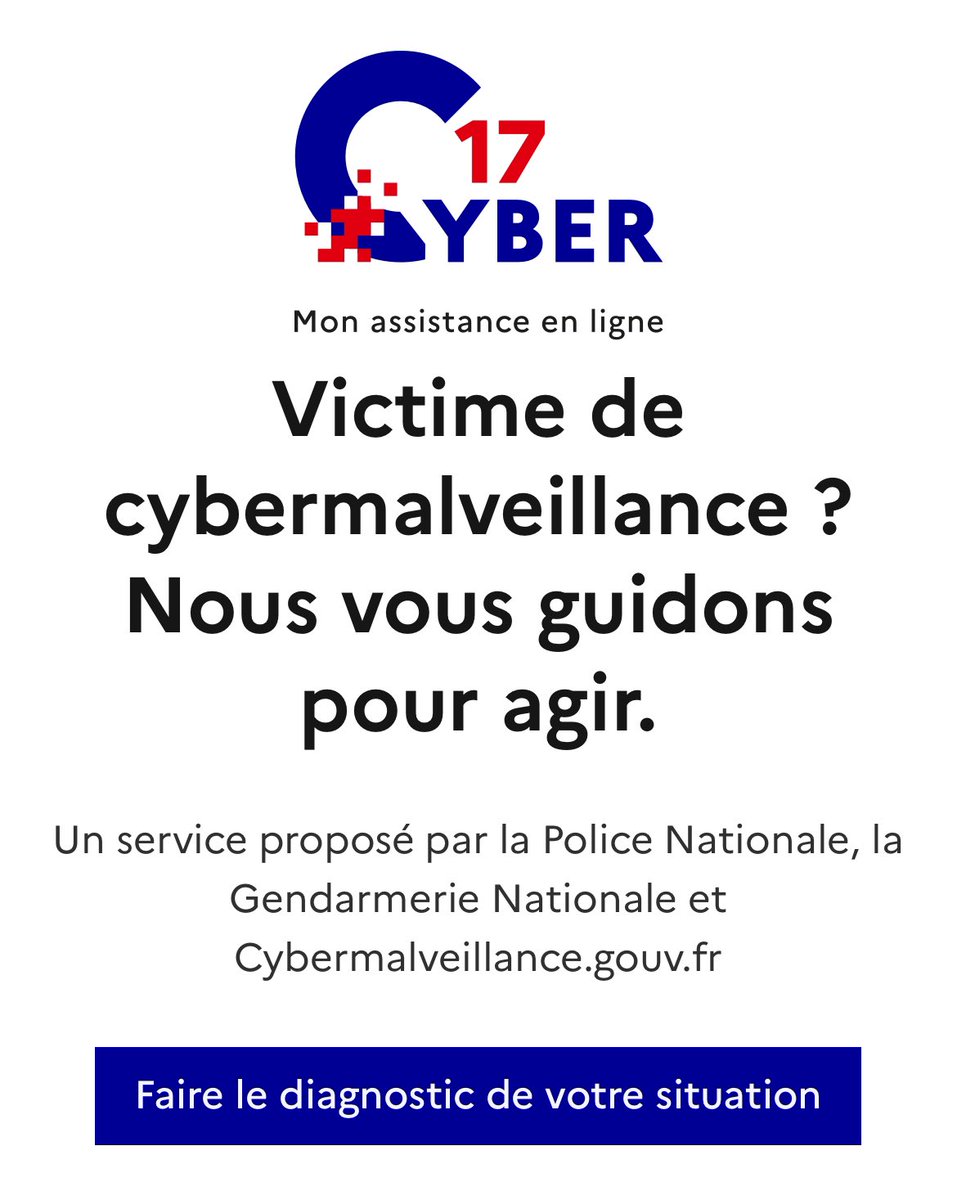 ✳️NOUVEAU ➡️ ÇA PEUT VOUS CONCERNER UN JOUR 

youtu.be/ax0pYr9kyqs?fe…

🔵 💻 24h/24 7j/7, ce service : 17Cyber.gouv.fr permet de qualifier la menace dont vous êtes victime, d’obtenir une assistance voire une mise en relation avec un prestataire voire avec un policier.