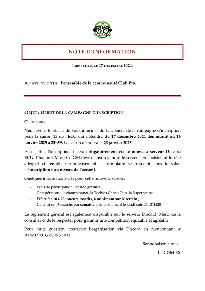 Rejoignez le discord officiel de l'ECG: 
discord.gg/Dku7s7fm3w