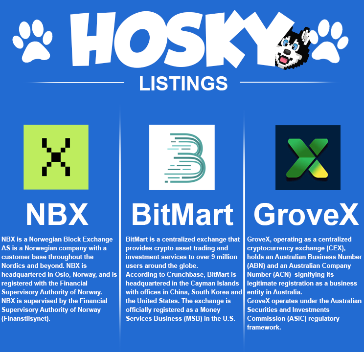 🚨 BIG NEWS 🚨

In just 2 weeks, <a href="/hoskytoken/">HOSKY</a> has announced listings on 3 centralized exchanges:
🐾 <a href="/nbxcom/">NBX</a> 🇳🇴
🐾 <a href="/BitMartExchange/">BitMart</a> 🌎
🐾 <a href="/GroveXchange/">GroveX</a> 🇦🇺

The top dog is making moves—stay tuned! 🐶💥
$HOSKY