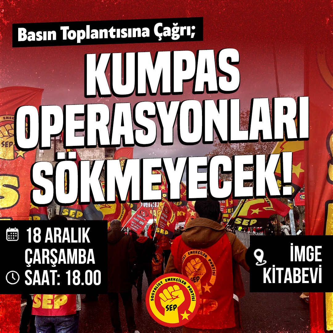 13 Aralık Cuma günü Genel başkanımız Güneş Gümüş ve 19 yoldaşımız gözaltına alınmış ve düzmece iftiralarla partimize yönelik kumpas operasyonu yapılmıştır.
AKP iktidarının baskı politikalarına karşı dayanışmayı yükseltmek için tüm basın emekçilerini ve devrimci kamuoyunu basın