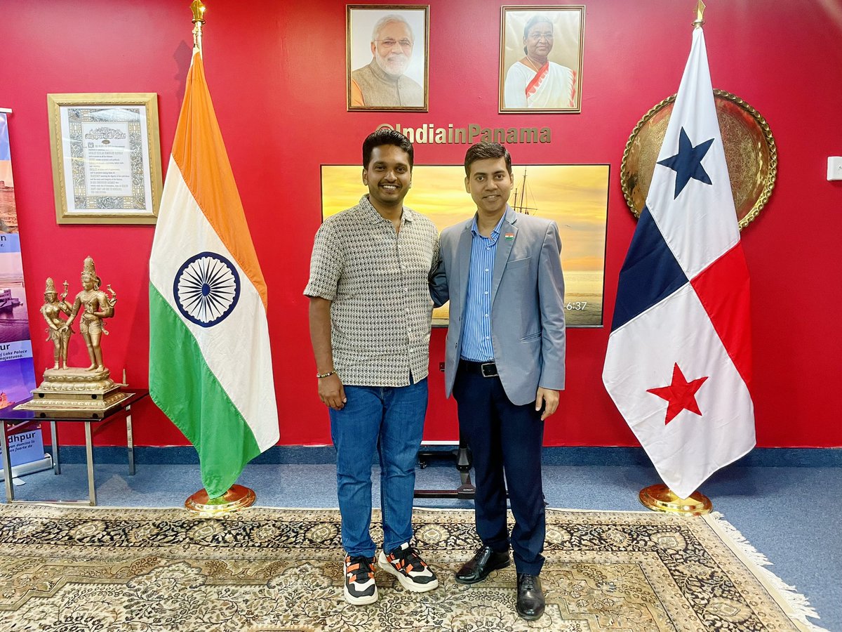 Great to meet H.E. <a href="/doctorsumitseth/">Dr Sumit Seth, Ambassador of India - भारत 🇮🇳</a> at the Indian Embassy in #Panama. His approach to boosting #trade, #tourism, and #tech ties between #India and #CostaRica, #Panama, and #Nicaragua is truly inspiring. Thanks to <a href="/aakash_ifs/">Aakash Sharma</a> for facilitating the visit! #Leadership #Diplomacy