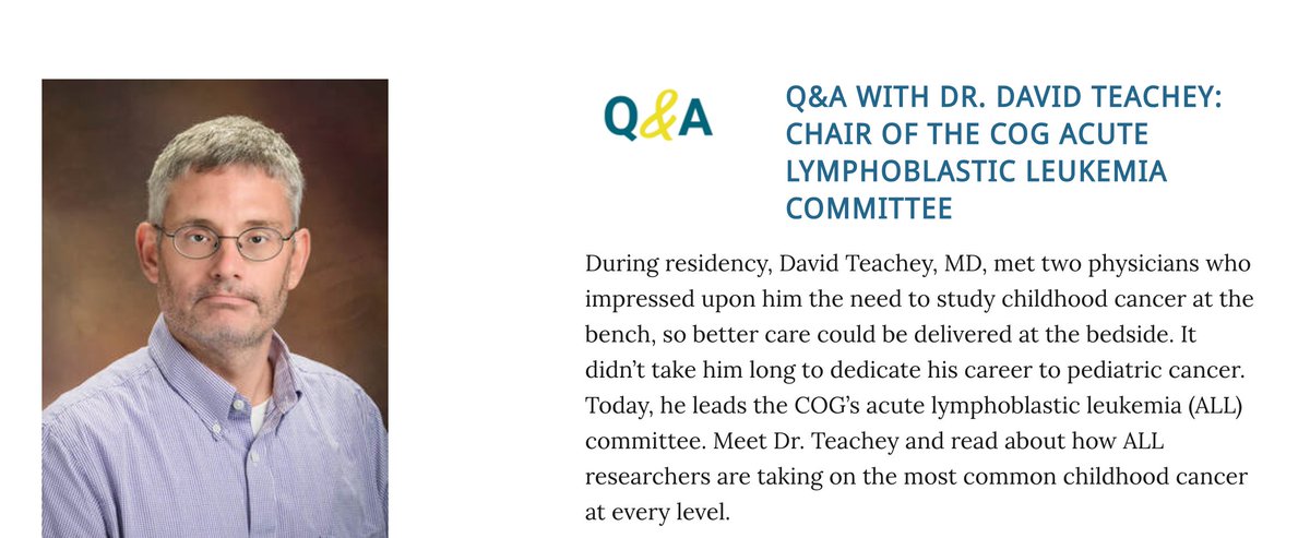 Cancer Center @ CHOP (@chopcancercntr) on Twitter photo In this Q&A w/ <a href="/COGorg/">Children’s Oncology Group</a>, Dr. David Teachey, who is also the #COG ALL Chair, discusses his career as well as the breakthrough #AALL1731 clinical trial that has transformed the standard of care across the globe for newly diagnosed children w/ B-ALL. More at: ms.spr.ly/6017onYzb. In this Q&A w/ <a href="/COGorg/">Children’s Oncology Group</a>, Dr. David Teachey, who is also the #COG ALL Chair, discusses his career as well as the breakthrough #AALL1731 clinical trial that has transformed the standard of care across the globe for newly diagnosed children w/ B-ALL. More at: ms.spr.ly/6017onYzb.
