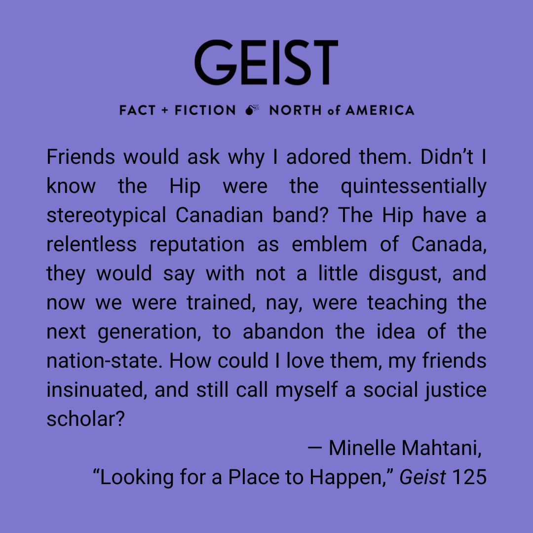Geist (@geistmagazine) on Twitter photo "How could I love them, my friends insinuated, and still call myself a social justice scholar?"
🎸
—From the essay, "Looking for a Place to Happen" by Minelle Mahtani, issue 125
❤️‍🔥
Read at geist.com/fact/looking-f…
<a href="/mminelle/">Minelle Kiirti Mahtani</a> "How could I love them, my friends insinuated, and still call myself a social justice scholar?"
🎸
—From the essay, "Looking for a Place to Happen" by Minelle Mahtani, issue 125
❤️‍🔥
Read at geist.com/fact/looking-f…
<a href="/mminelle/">Minelle Kiirti Mahtani</a>