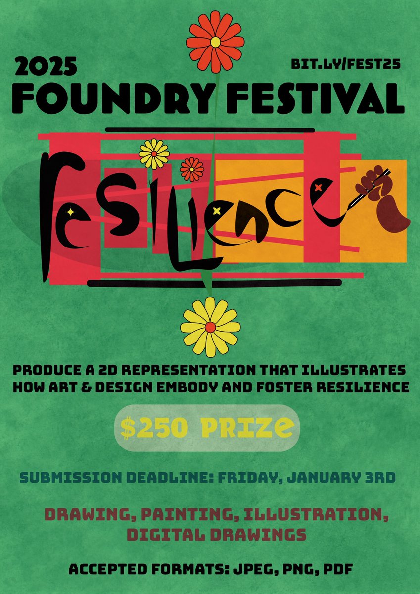 🎨✨ Calling all artists! Your work could be the face of The Foundry Festival! This year’s theme is Resilience, and the Foundry is looking for art that captures its spirit.
💵 Winner gets $250
📅 Deadline: Jan 3
🔗 Learn more and submit your entry at buff.ly/49K2eff
#Art