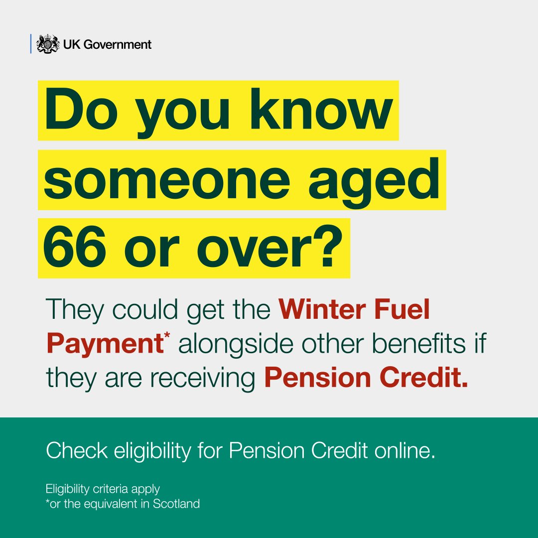 GlosCC's tweet photo. As winter approaches, make sure you've checked whether you're entitled to pension credit and claim ☃

Pensioners can get Pension Credit even if they have savings; the first £10,000 of savings is ignored. Find out more 👉 https://t.co/J8JHhOhfFN https://t.co/XlL3e0kAyc