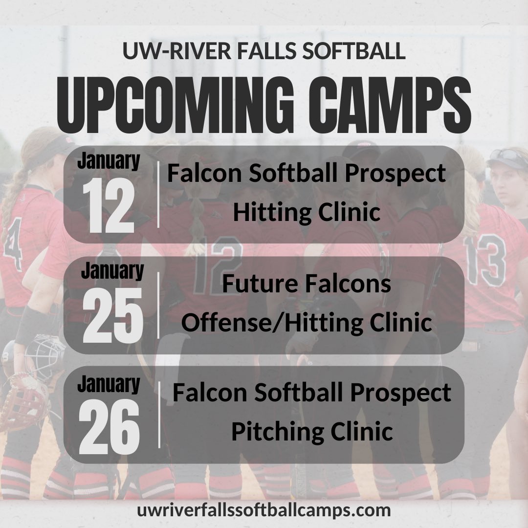 🚨We have some great camps coming up, with options for all ages!!🚨

Join us this winter for some fun new opportunities to learn and grow as athletes!! 

CLICK ON THE LINK to learn more! 

(uwriverfallssoftballcamps.com/camps.php)
