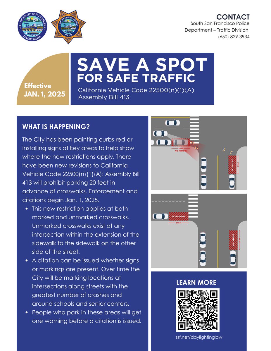 CityofSSF's tweet photo. 🚸 New Parking Rules Alert!

Starting Jan. 1, 2025, Assembly Bill 413 prohibits parking 20 feet before crosswalks—both marked and unmarked. 🚫

Let’s work together to keep our streets safe for pedestrians! 🚶‍♀️🚦 #SafeStreets #CrosswalkSafety #AB413 https://t.co/Ohk4cHmZAf