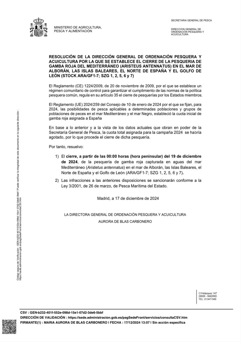 🔈 Tancada la pesqueria de gamba vermella a partir d’aquest dijous 19 de desembre

👉 El govern espanyol ha publicat la resolució que fa efectiva el tancament al #Mediterrani