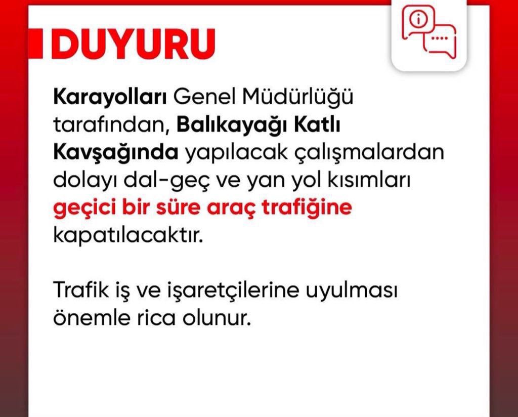 FethiDeniz63's tweet photo. 𝐊𝐀𝐑𝐀𝐘𝐎𝐋𝐋𝐀𝐑𝐈 𝐆𝐄𝐍𝐄𝐋 𝐌𝐔̈𝐃𝐔̈𝐑𝐋𝐔̈𝐆̆𝐔̈ tarafından, Diyarbakır Yolu istikametinde yer alan “Balıkayağı Katlı Kavşağı”nda yapılacak çalışmalardan dolayı dal-geç ve yan yollar geçici bir süre araç trafiğine kapatılmıştır. https://t.co/4sVrfhXdTV