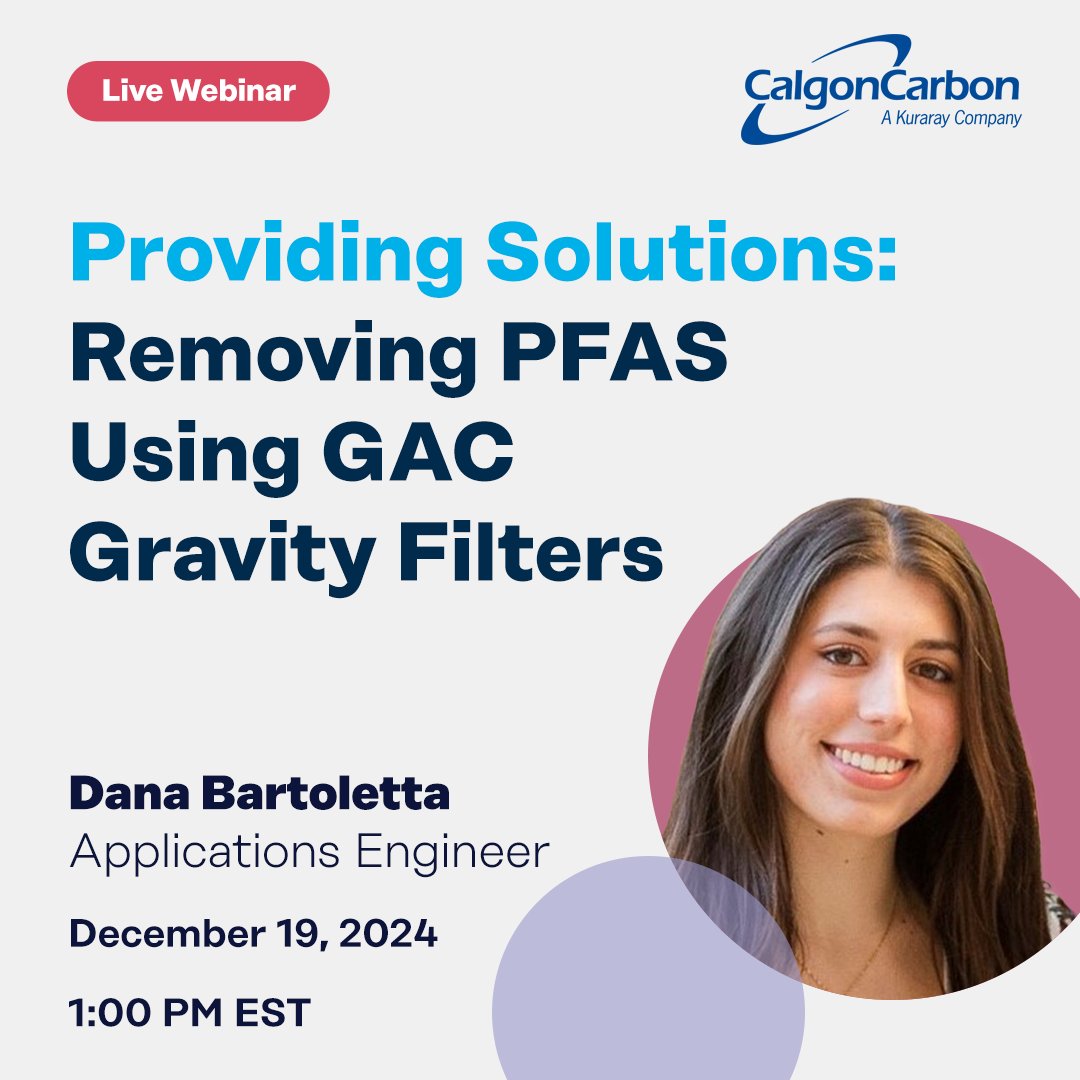 CalgonCarbonCCC's tweet photo. Please join us to learn more about how GAC gravity filters can be an effective solution for PFAS contamination at your facility!

Register here! https://t.co/ggJRKx3UQ9

#PFAS #ActivatedCarbon #GAC #DrinkingWater #CleanWater #WaterTreatment #WaterQuality https://t.co/N52N50e9q4
