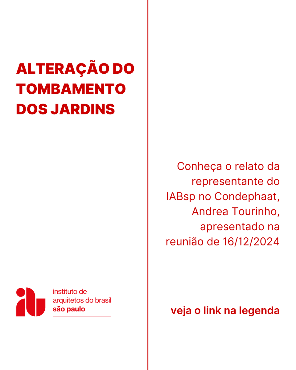 Em sua última reunião do ano, o Condephaat alterou o tombamento dos Jardins, na cidade de São Paulo. 13 conselheiros foram favoráveis, enquanto 7 apoiaram o parecer da conselheira representante do IABsp no Condephaat, Andrea Tourinho

Leia o relato no site
iabsp.org.br/alteracao-do-t…