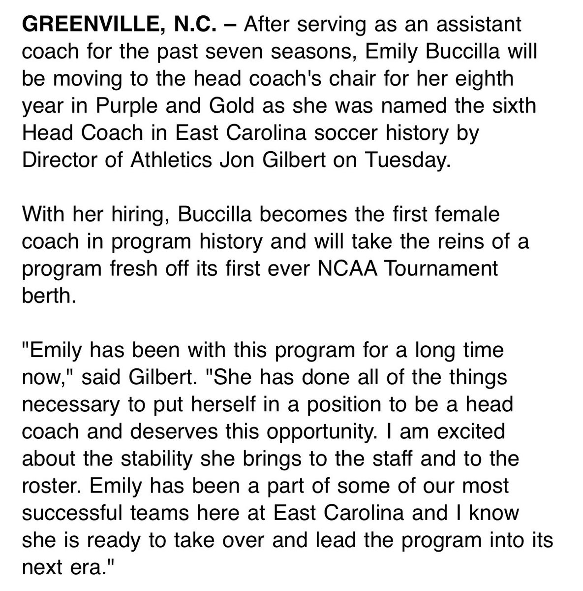 East Carolina has named Emily Buccilla head women’s soccer coach.

She has been an assistant coach with the Pirates for the past seven seasons. She’s the first female head coach in program history.
