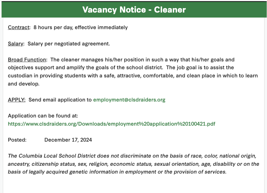 CLSD_Dir_ofOps's tweet photo. Now Hiring! 🧹✨ Columbia Local Schools seeks a motivated individual for an 8-hour cleaner position. Looking for someone energetic, detail-oriented, and ready to keep our school sparkling clean.  Information is below.  #onceaRaider https://t.co/N3ln4Co0bH