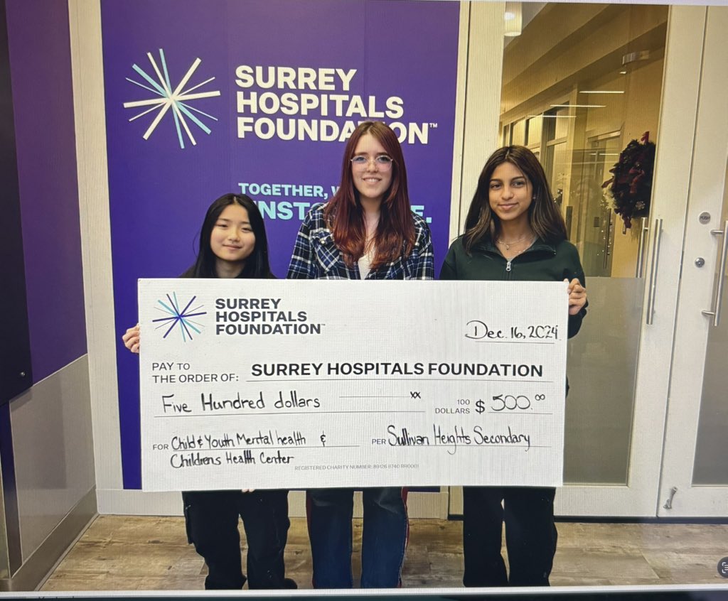 Students <a href="/SullivanHeights/">Sullivan Heights Secondary</a> raising money for Child &amp; Youth Mental Health. Emily, Giorgia, and Anjalie dropped off the donation at Surrey Memorial Hospital yesterday. ♥️ You continue to make us so proud! <a href="/Surrey_Schools/">Surrey Schools</a> #MentalHealthAwareness