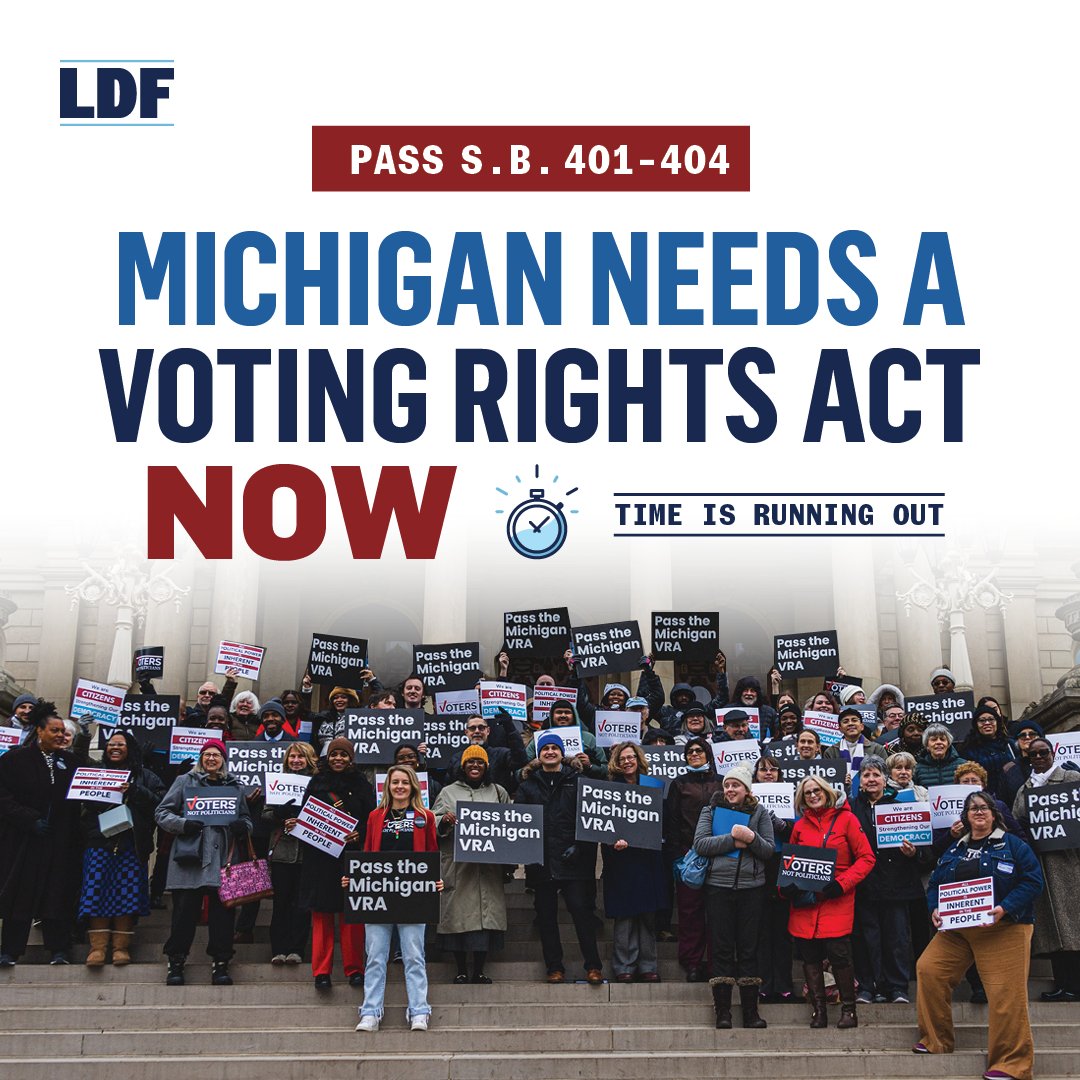 The #ClockIsTicking in Michigan. We have a chance to pass a voting rights act that will protect the right to vote of all Michiganders. The nation needs your example a leader in voting rights now. Keep Michigan on the map as a voting rights leader and pass the MIVRA this week.