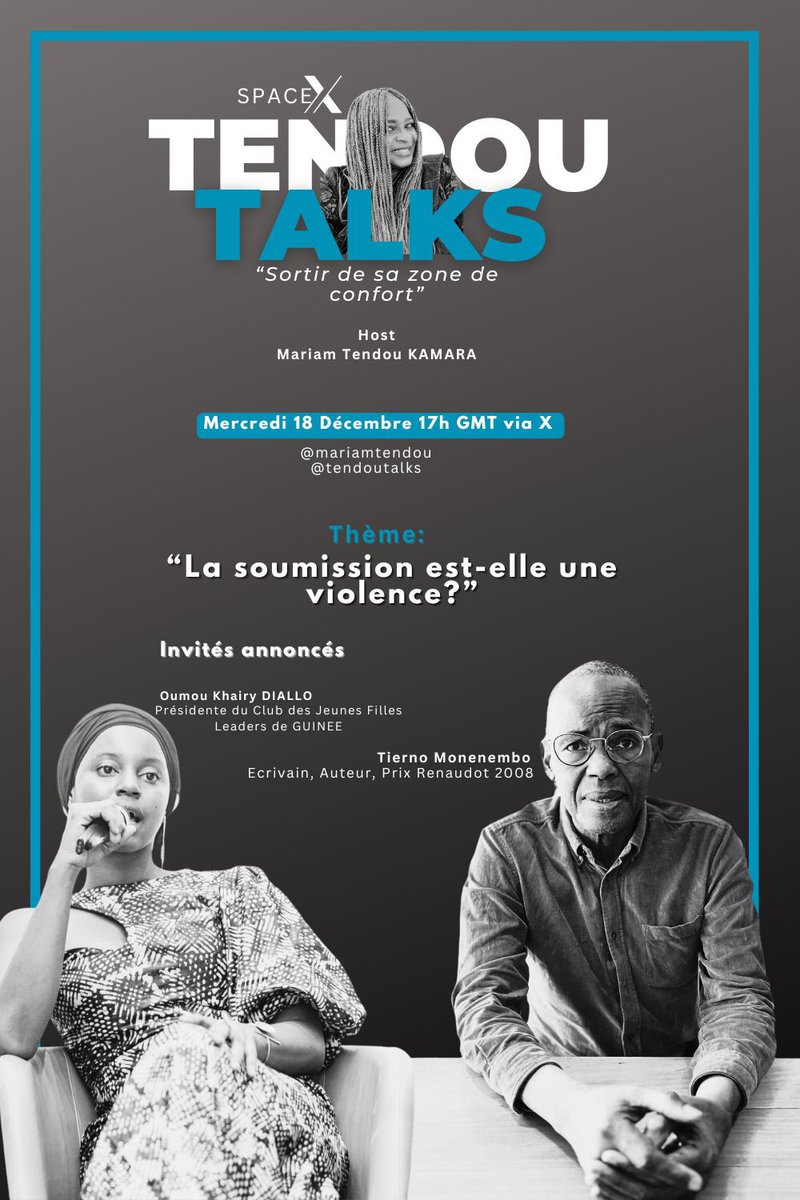 MariamTendou's tweet photo. On vous attend! Spécial #TendouTalks
Ce mercredi 18 décembre!
17hGMT
« La soumission est-elle une violence? »
Faites UN rappel ! Venez !
https://t.co/WovcFb7X94 https://t.co/RsN1kuruWS