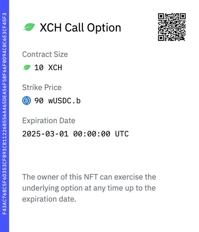 This option contract NFT was sold to <a href="/cameroncooper/">Cameron Cooper 🌱</a> via #Chia offer file for 1 XCH (the premium).

Any time between now and the expiration date, he can choose to buy 10 XCH at $90/XCH. Otherwise the contract expires and I will take back that 10 XCH.

He can also choose to sell