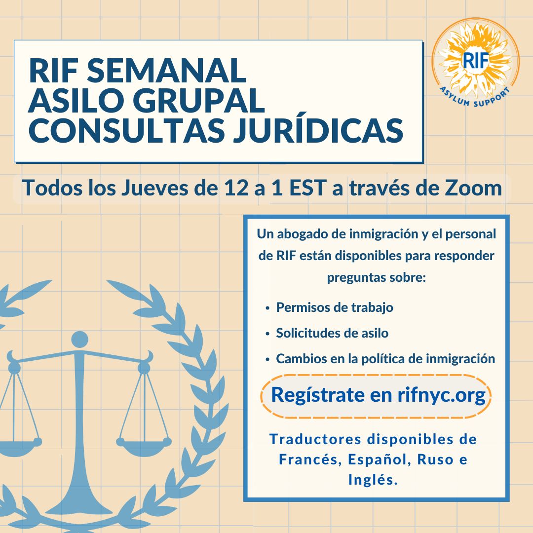 Do you have questions about work permits, asylum applications, or upcoming immigration policy changes? Join us every Thursday from 12-1pm EST on zoom where we have an immigration lawyer and RIF staff available to help! Register at rifnyc.org. #asylumseekers