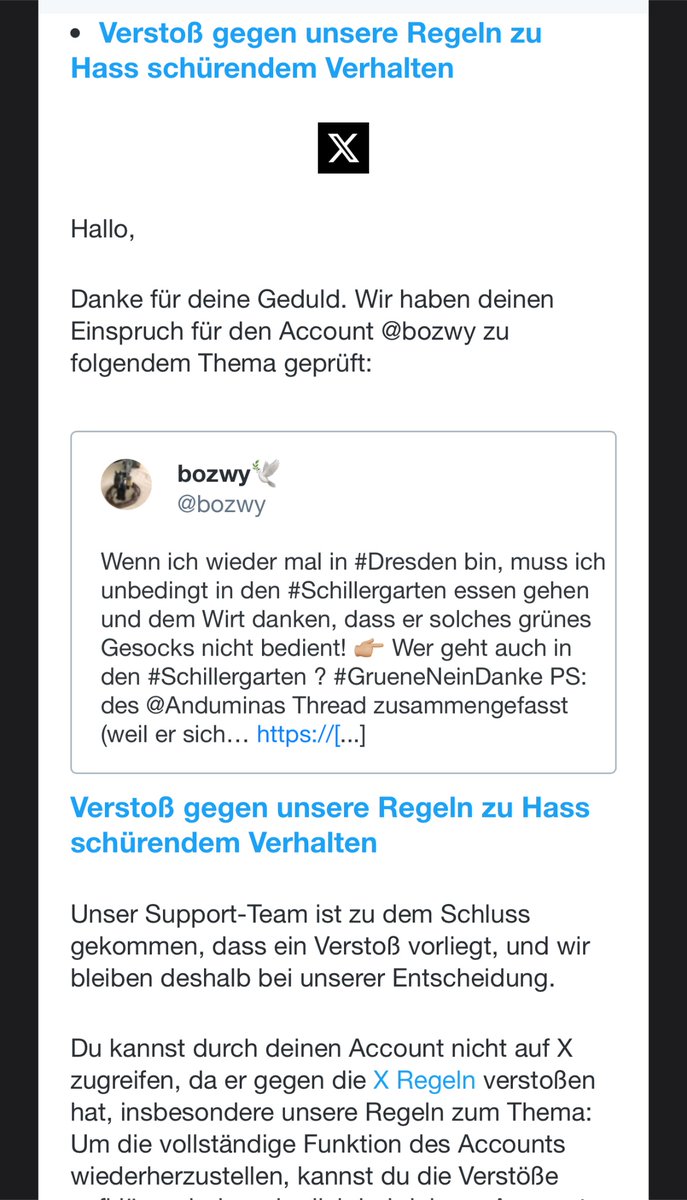 Bitte helft mir mit einer Einschätzung:

👉🏼 Was zum Teufel nochmal soll an diesem Post von <a href="/bozwy/">Bozwy 🕊️</a>  “Hass schürendes Verhalten” sein?

<a href="/bozwy/">Bozwy 🕊️</a> #FreeSpeech <a href="/elonmusk/">Elon Musk</a>
