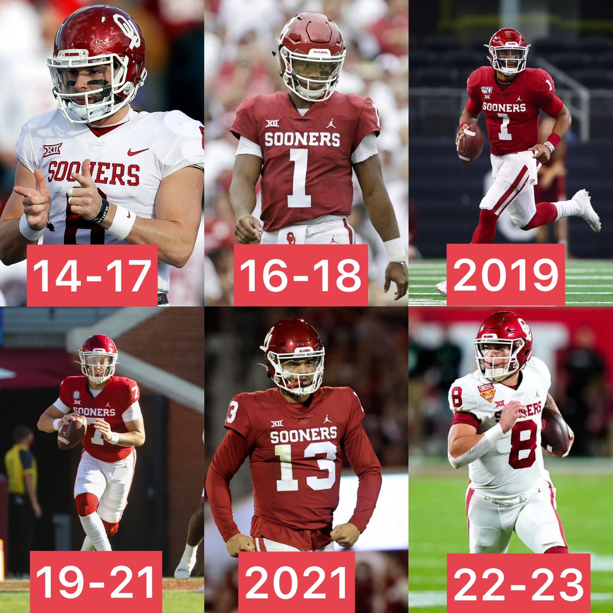 Oklahoma QB play in the CFP Era featured:

• 3 #1 Overall draft picks 
• 5 Heisman Finalists
• 5 NFL Quarterbacks (soon to be 6)
• 3 Heisman Trophy winners