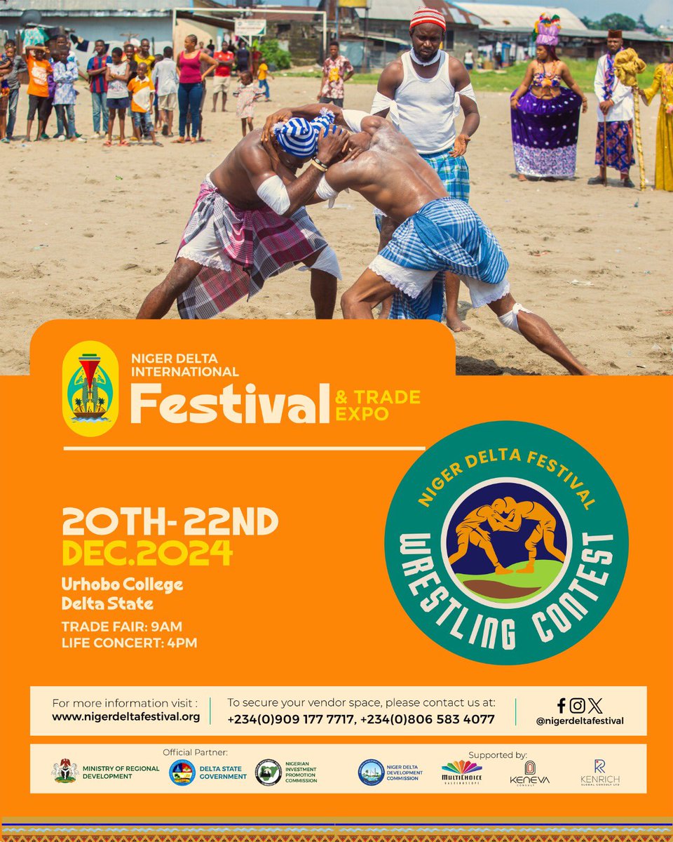 nigerdeltafest's tweet photo. Niger Delta is home to the finest award-winning wrestling champions in the entire world. B/w the 20th-22nd of Dec, 2024, at Warri, Nigeria, we’ll be celebrating the unique activity that have distinguished us from the populace.

Join us let’s bask in the euphoria of #NDIFest! https://t.co/kUnDdnWQ1q