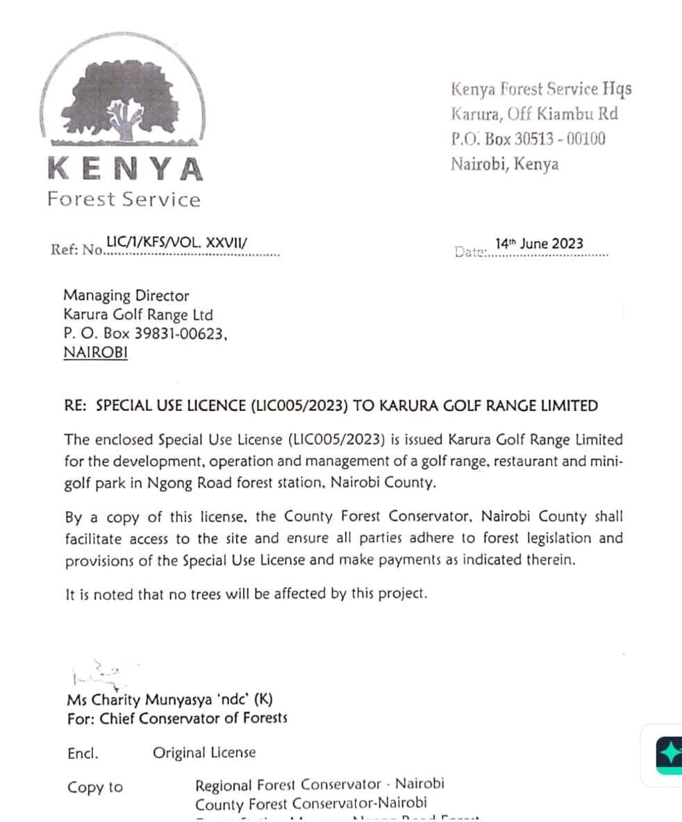 CS Environment Aden Duale has directed Chief Conservator of Forests (CCF) and NEMA DG to suspend licenses issued to Karura Golf Range Ltd for the development of golf range, restaurant and mini golf park in Ngong Road Forest pending direction from the Ministry.