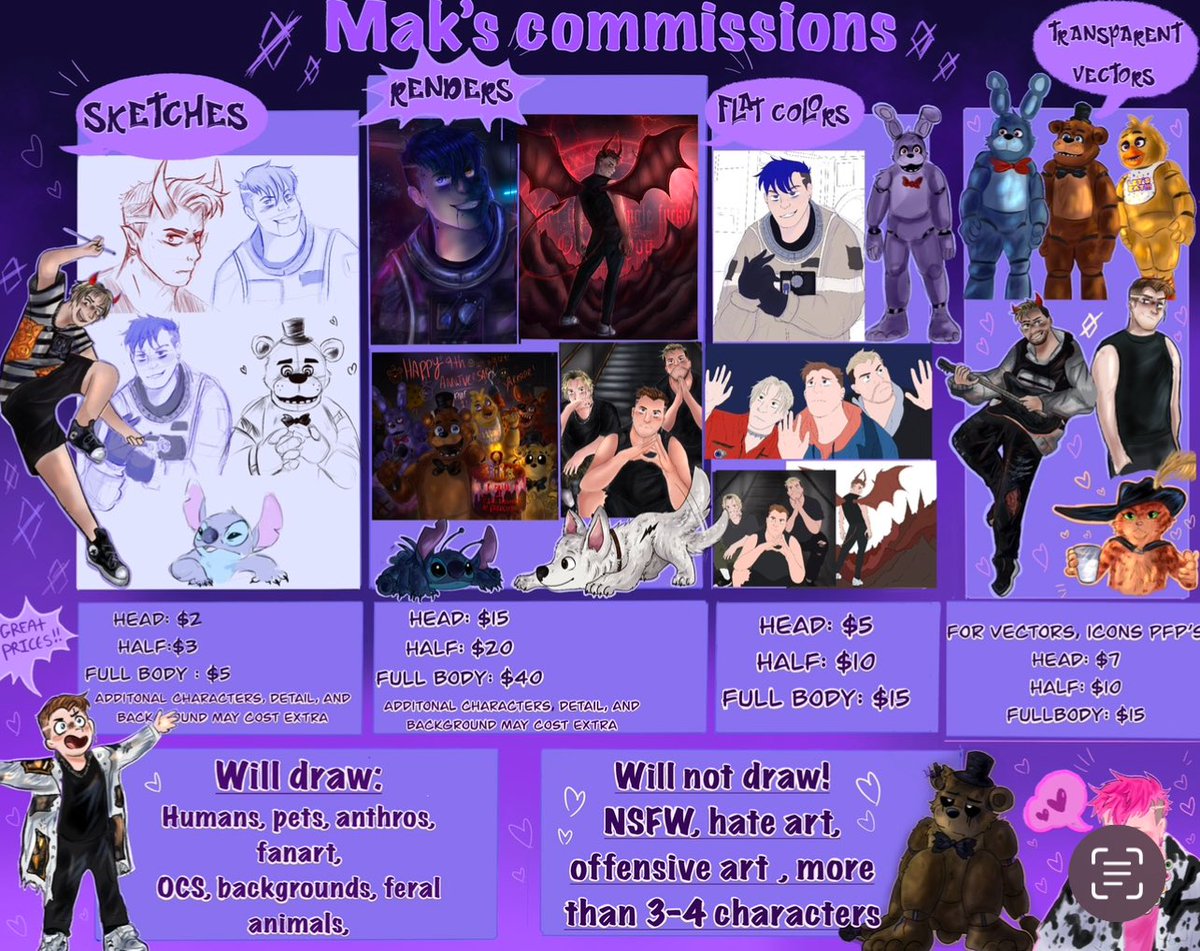 maksdumbart0120's tweet photo. It’s that time again Commissions are open! I accept PayPal cash app! This sheet is old so my current art is in post #commissions #commissionsopen #artist #setitoffband #setitoff #fnaf #art #ArtistOnTwitter #fivenightsatfreddys #anthro #codycarson #maxxdanziger #zachdewall #furry https://t.co/ux45ddPZW8
