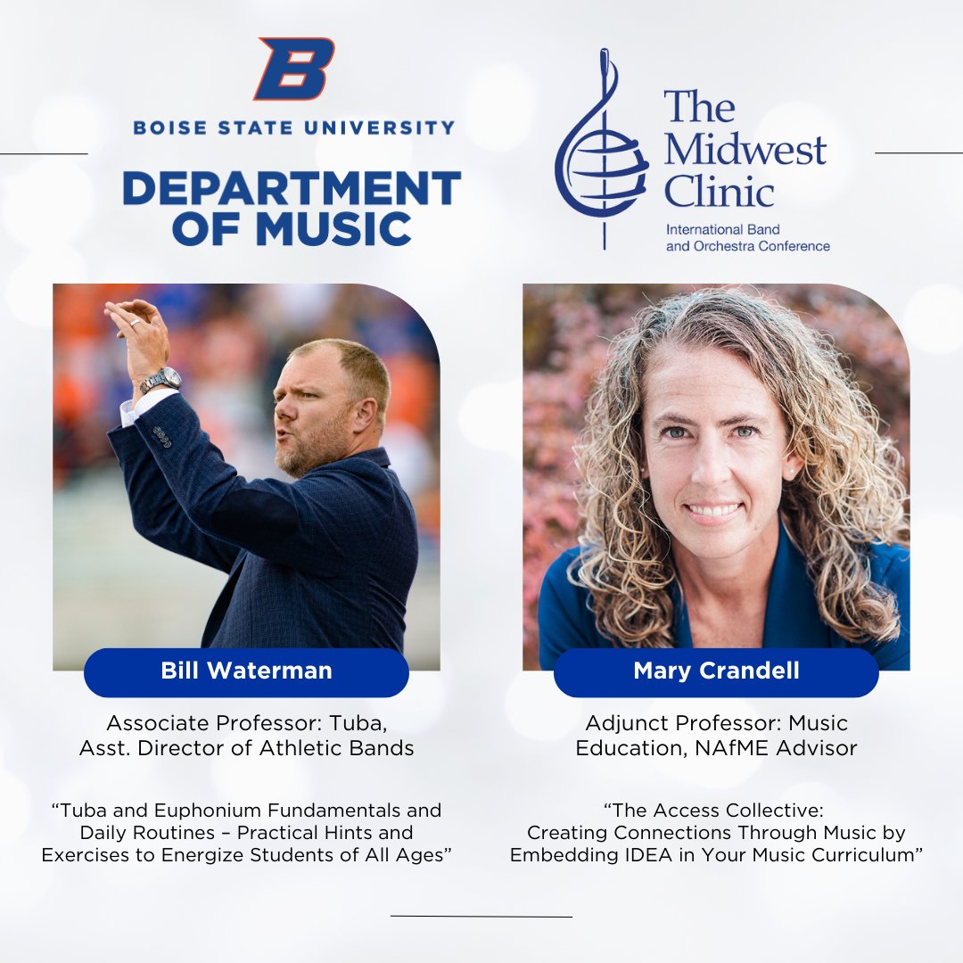 For the first time in #BoiseState history, we have TWO members of our faculty presenting at <a href="/midwestclinic/">The Midwest Clinic</a> this week! We encourage anyone attending to make these free sessions a part of their schedule. For schedule and more info, please visit midwestclinic.org