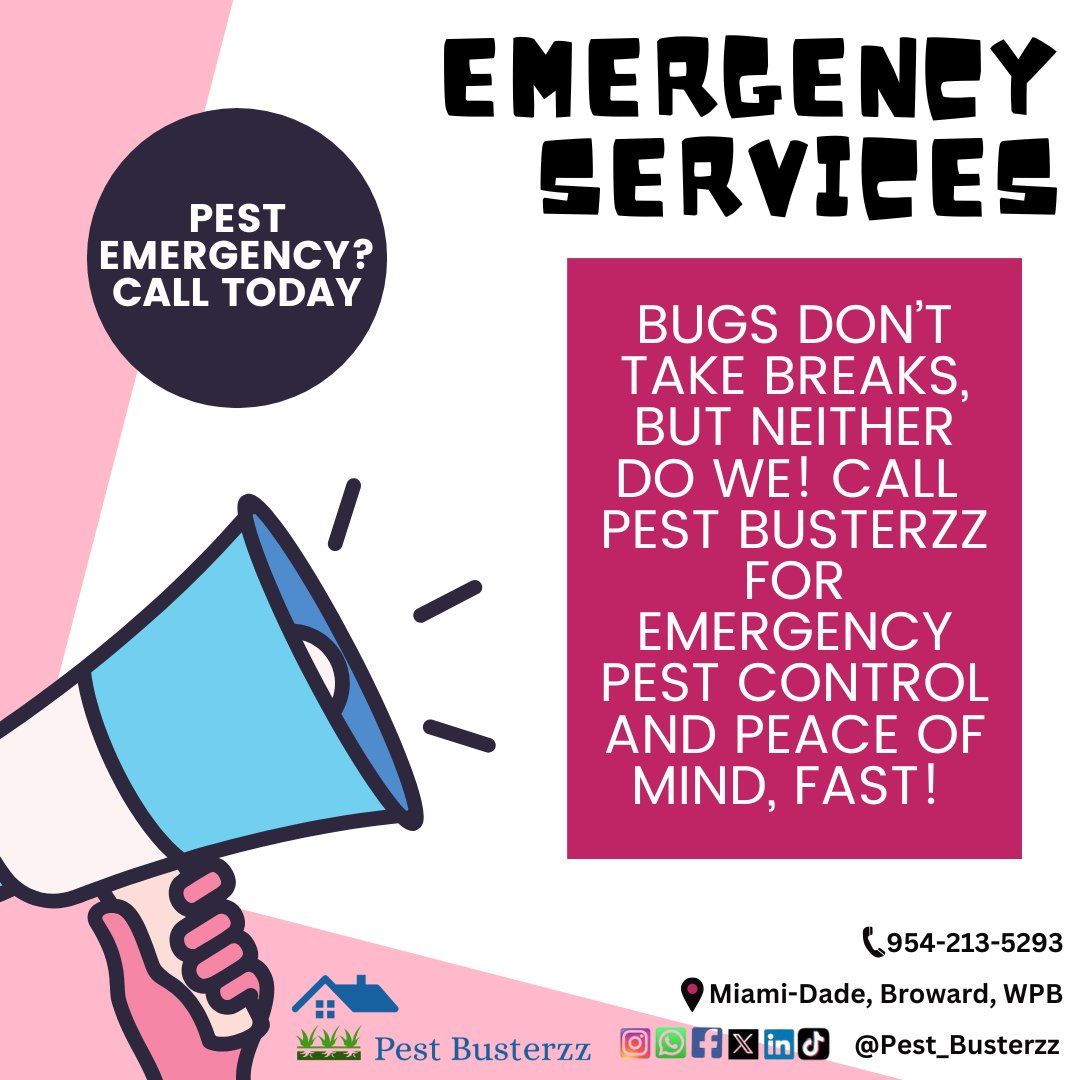 pest_busterzz's tweet image. Pest emergency? 🚨 Don’t stress! 🐜✨ Pest Busterzz is here with fast, reliable, and eco-friendly solutions to keep your home safe and pest-free. 🌿🏠 Call the team that acts fast when pests won’t wait!  #EmergencyPestControl #PestBusterzz #PestFreeLiving pestbusterzz.com