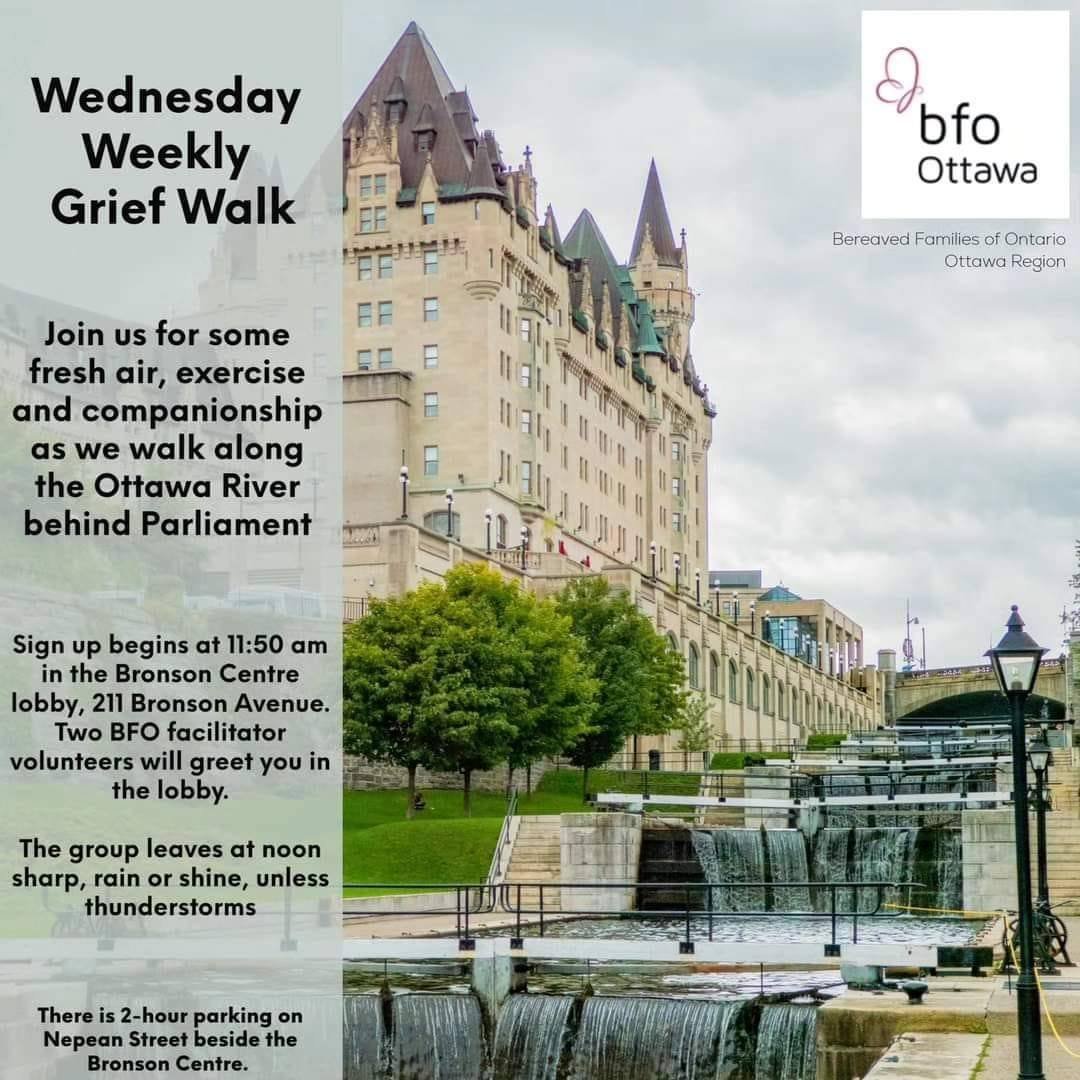 Join us for some fresh air, exercise and companionship as we walk along the Ottawa River behind Parliament.
Sign up begins at 11:50 am in the Bronson Centre lobby, 211 Bronson Avenue.
Two BFO facilitator volunteers will greet you in the lobby.
The group leaves at noon sharp!
