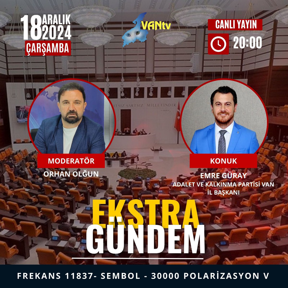 İl Başkanımız Sayın <a href="/emreguray65/">Emre Güray</a> , Van TV'de Orhan Olgun'un sunduğu ve Canlı Yayınlanacak olan Ekstra Gündem programına konuk oluyor.

Program 18 Aralık Çarşamba Saat 20:00'de Van TV'de.

<a href="/erkankandemir/">Erkan Kandemir</a> <a href="/MSErdinc/">Mehmet Şükrü ERDİNÇ</a> <a href="/haciozkan33/">Hacı Özkan🇹🇷</a>