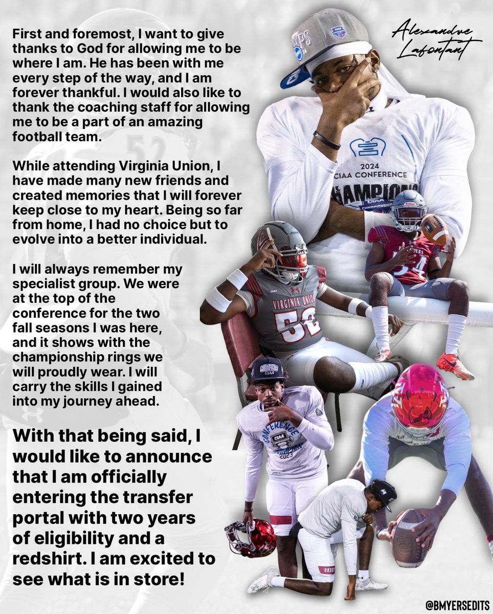 Forever Grateful, Excited to announce I’m officially in the #TransferPortal 

2 Year Starter 
x2 CIAA Conference Champion

(407) 497-5519
hudl.com/v/2QpHFc