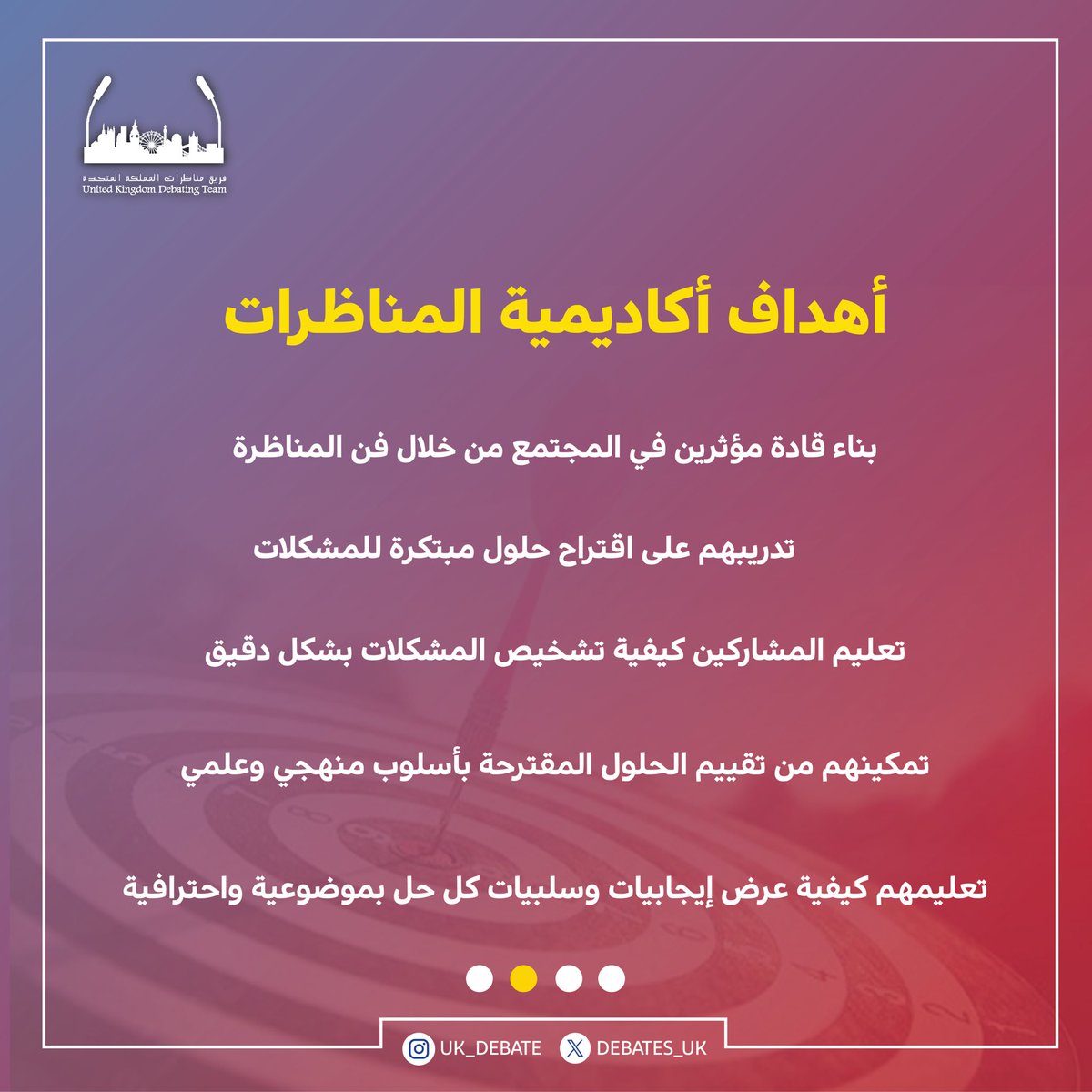 debates_uk's tweet image. يسرنا الإعلان عن انطلاق النسخة الثانية من أكاديمية المناظرات 
تجربة مميزة لتعزيز مهاراتكم في فن المناظرات بمستوى احترافي عالٍ مما يفتح أمامكم آفاقًا جديدة للتميز والإبداع.
لا تفوتوا هذه الفرصة! سجلوا الآن 🔥

#مناظرات_المملكة_المتحدة 
#ukdebate