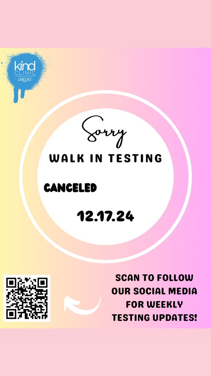 KindTestingDTX's tweet image. Hey besties! Dallas walk-ins are canceled for tonight. Will be back on Thursday 12/19!