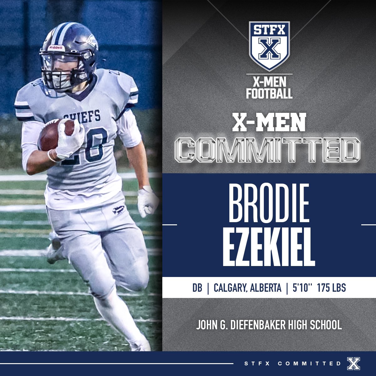 StFXFootball's tweet image. X-Men Football would like to welcome Brodie Ezekiel to the 2025 recruiting class! Brodie is a Defensive Back from Calgary, AB. Welcome to the STFX family, Brodie!

#HailandHealth
#STFX
#GoXGo
@Ezekiel_Brodie