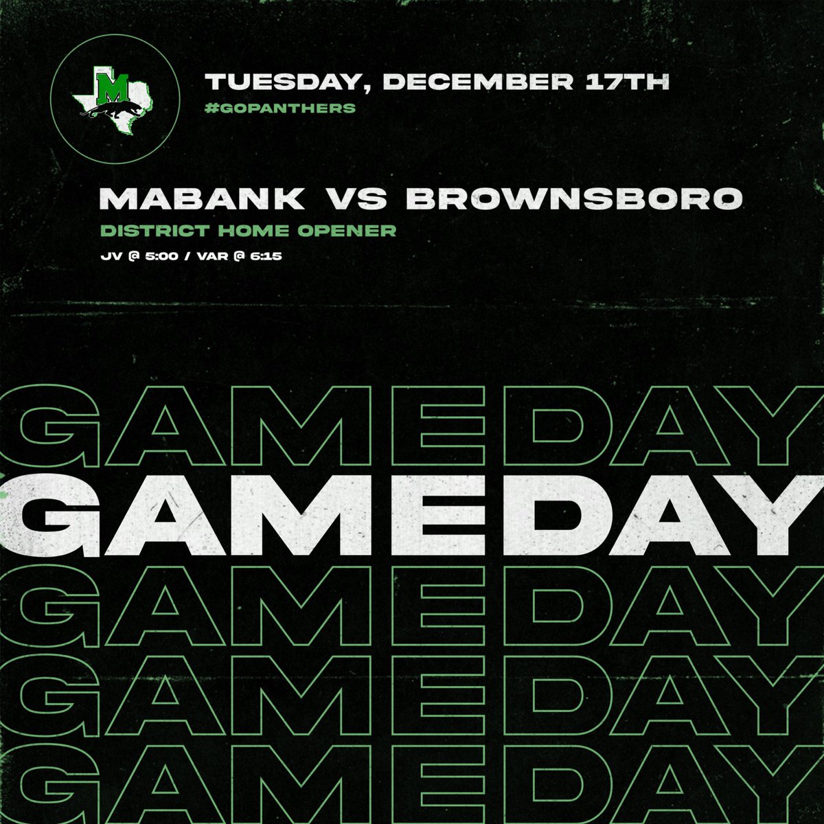 DISTRICT HOME OPENER!  Come out to support the Panthers take on Brownsboro. #RTB #GoPanthers
🆚 Brownsboro Bearettes
📍 Mabank HS Gymnasium
⏰ JV @ 5:00 / Var @ 6:15
🎟️ 💵