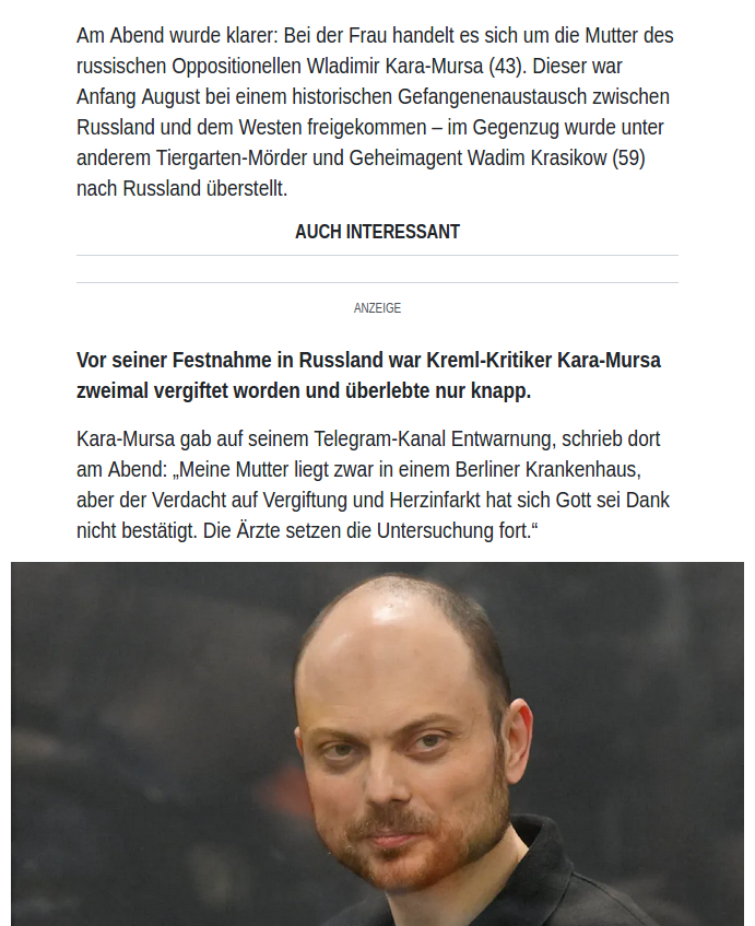 AFreisang's tweet photo. @KiaraGorlo Verdacht 🥳 auf Vergiftung 🤡 der Mutter😱
des🇷🇺Oppositionellen 🧐
Wladimir Kara-#Mursa
welcher bei einem
"historischen Gefangenenaustausch freigekommen"
und gegen den
"Tiergarten-Mörder 🤣 und Geheimagent😏
Wadim #Krasikow" ausgetauscht wurde 🥱
https://t.co/aVLEmhHcsq #albern https://t.co/zC8sGsgQVA