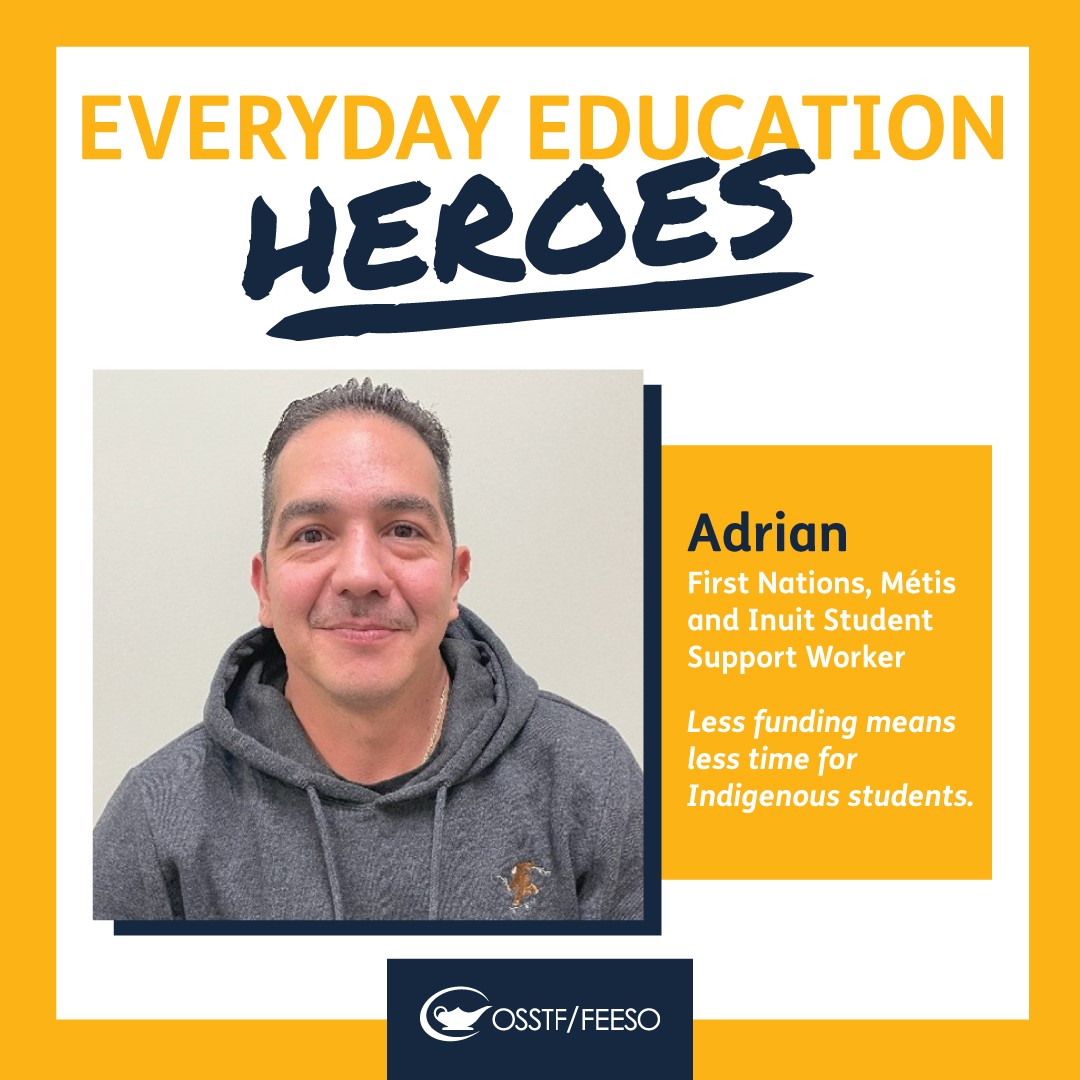 osstf's tweet photo. Celebrating OSSTF's Everyday Education Heroes 🦸🏽‍♂️🦸🏽‍♀️

OSSTF is a vibrant & diverse federation of 60,000+ everyday education heroes 👏🏽 Today we are spotlighting Adrian, who is a First Nations, Métis, and Inuit Student Support Worker! Adrian provides academic supports + specialized programming & cultural activities to better ensure Indigenous students are successful academically & socially. He is also a positive role model for students, serving as an academic & personal mentor for many FNMI students 🙌🏽 

Unfortunately, Ford's underfunding has created an education worker staffing crisis, meaning there is less time & support available for students. Jobs like Adrian's are under threat. Please share this post and encourage friends & families to write to their MPPs to say we need more funding for education workers 📝